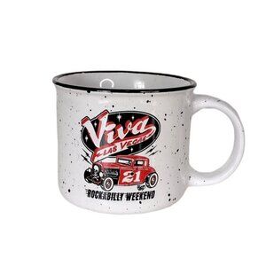 Viva Las Vegas Rockabilly Weekend 21 White Speckled Ceramic Coffee Mug NWOT